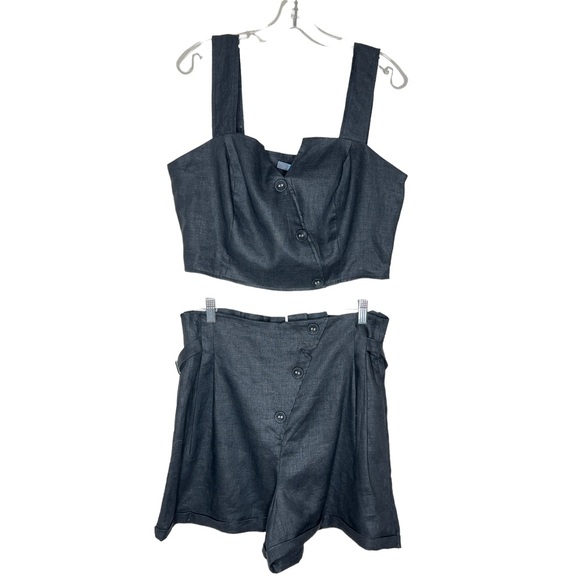 Anthropologie Eva Franco Black Linen Cropped Top & Shorts 2 Piece Set Size 12 - Picture 2 of 16